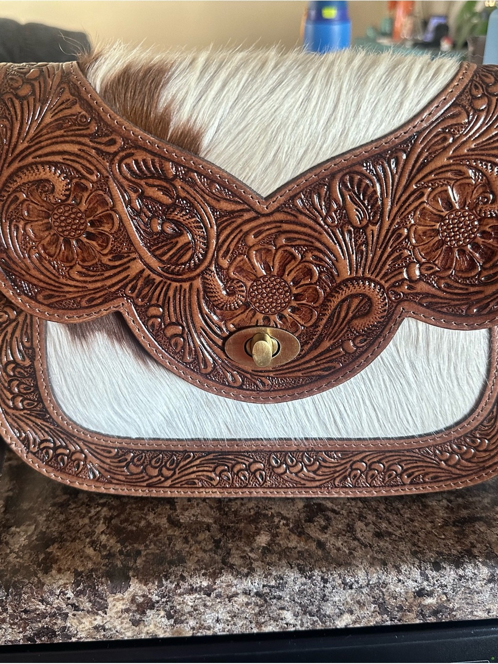 Myra Bag Brown Tooled Leather and White Hair-On Crossbody